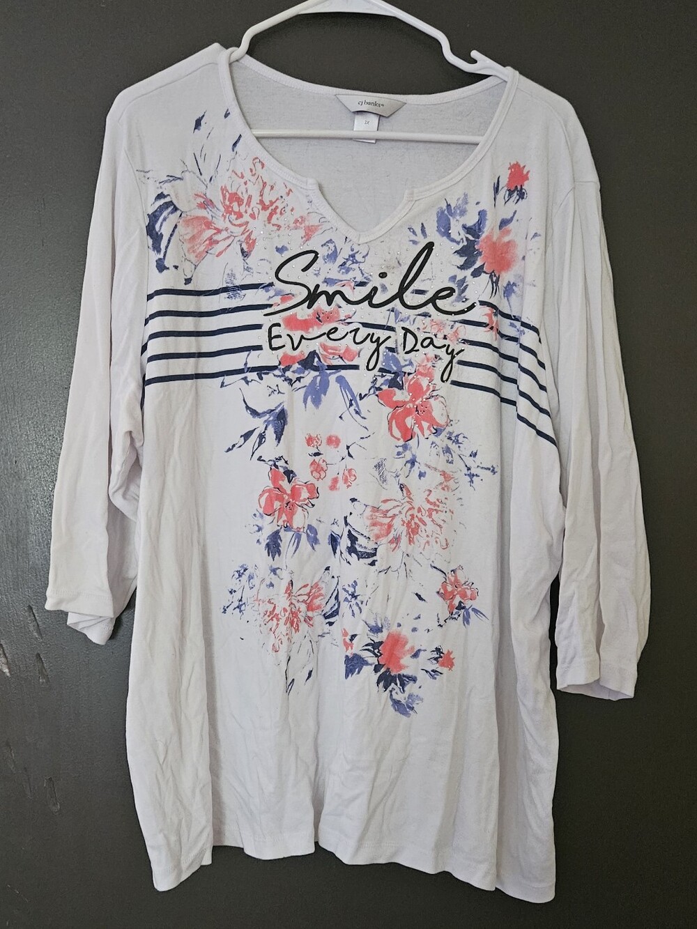 CJ Banks White Long Sleeve Tee with Pink & Blue Floral 'Smile Every Day'
